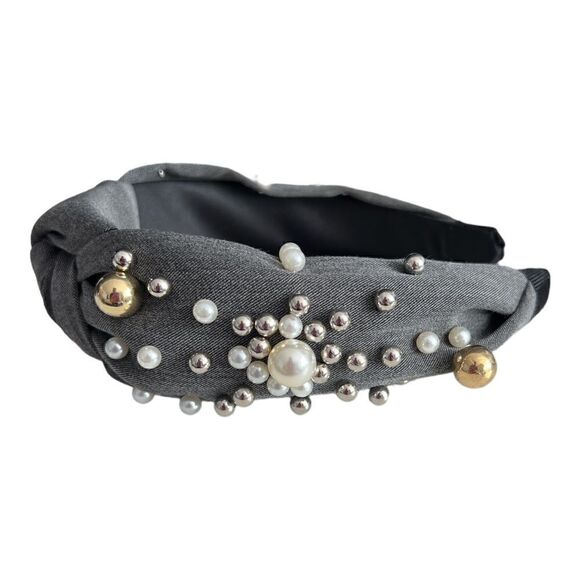 Cloth Headbands Tie For Women Top Knot Headband With Faux Pearls Denim.